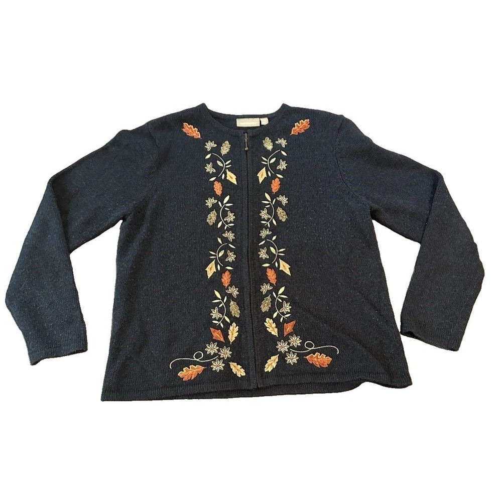 Embroidered Sweater Womens Cardigan M Ramie Wool Angora Fall Autumn Oak Leaf